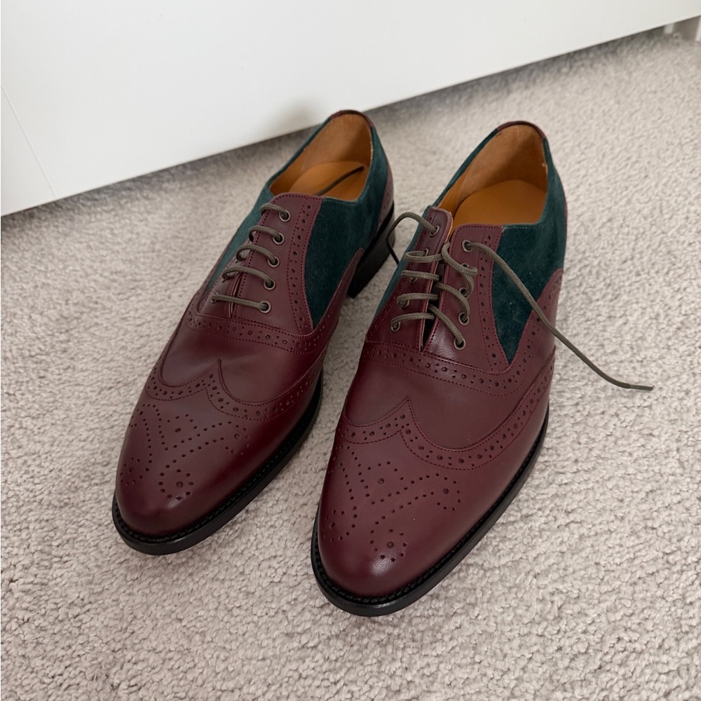 NWT Hockerty Burgundy Leather and Green Velvet Men's Oxfords